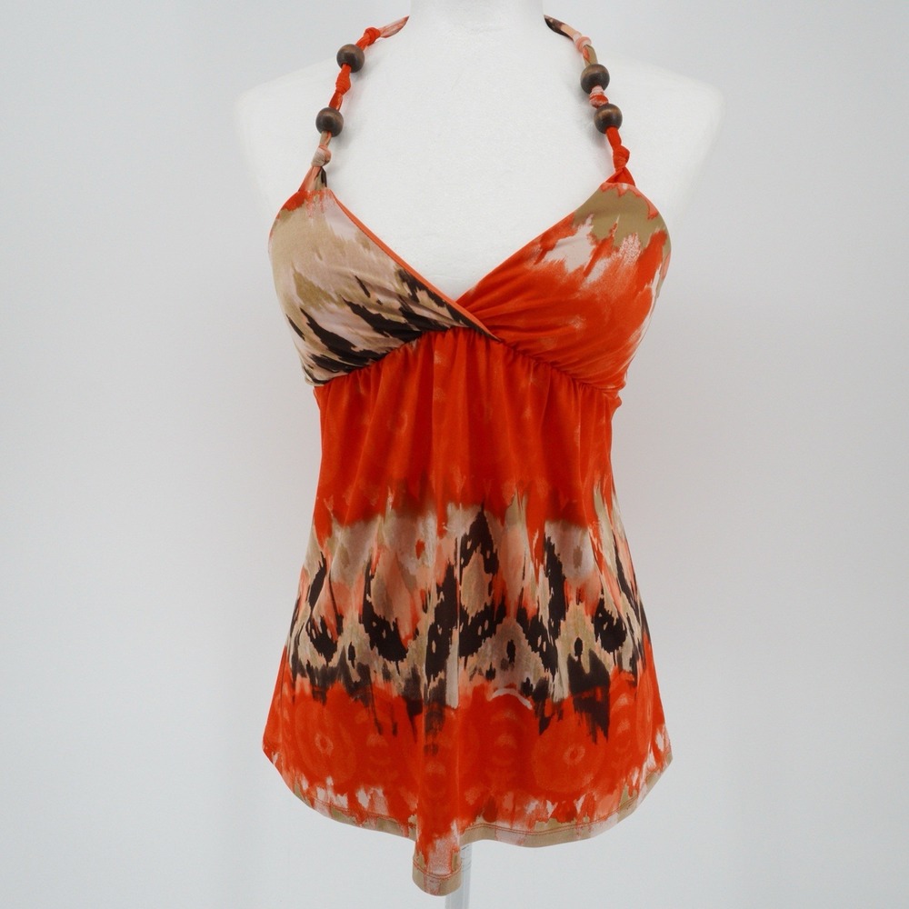 Vintage Y2K Babydoll Halter Top Orange Small Chunky Wooden Beads Boho Hippie